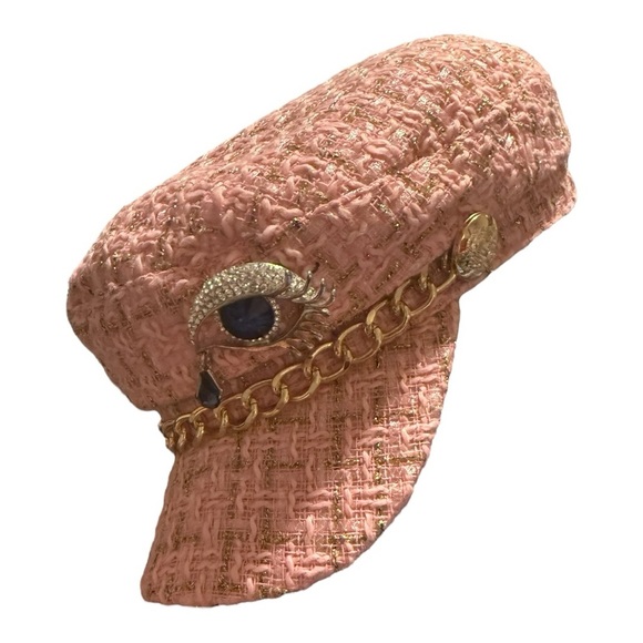 Pink Tweed Evil Eye Cap with Gold Chain - Picture 2 of 3